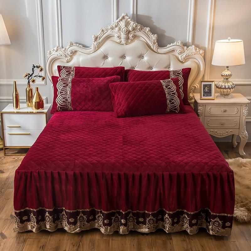 美帮汇欧式夹棉床裙蕾丝花边床罩套1.5裙式防滑1