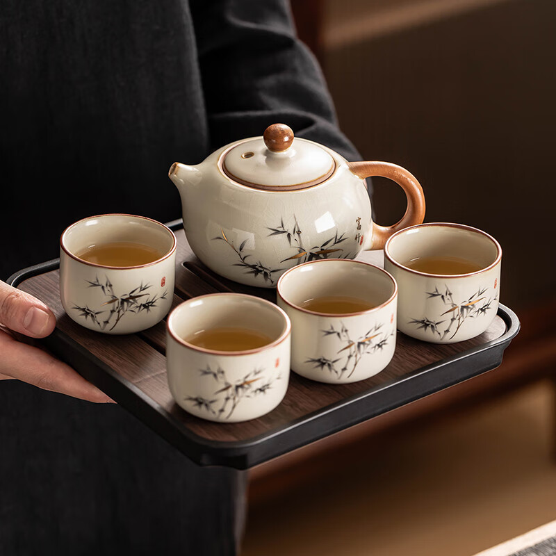 千里谷KLG-CJ06陶瓷功夫茶器一壶四杯带茶盘(含茶夹、茶巾)(计价单位:套)米黄