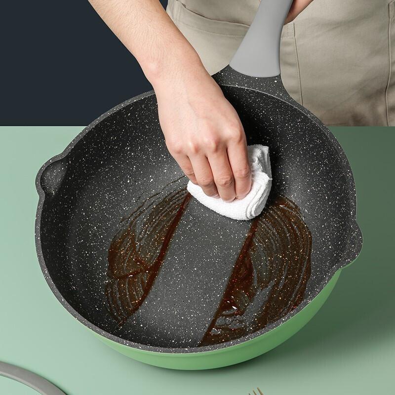 [新品]炊大皇麦饭石色不粘锅无烟炒锅不沾炒菜锅家用锅具燃气电磁炉通用 竹青石炒锅30CM(适合1-3人使用)高清大图