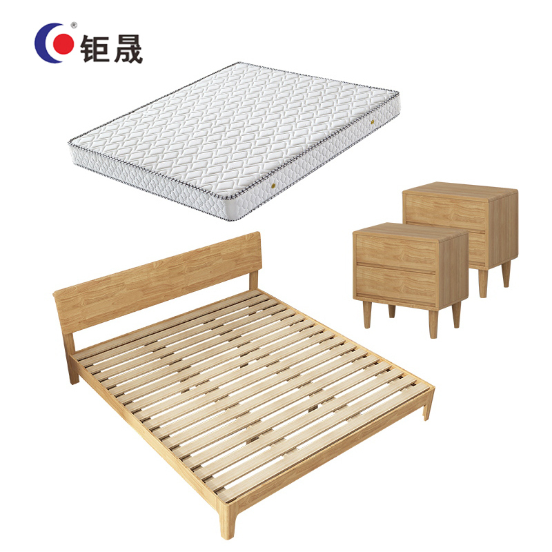 钜晟 新中式实木床1.4米商务接待床职工宿舍床+20CM床垫+床头柜2个