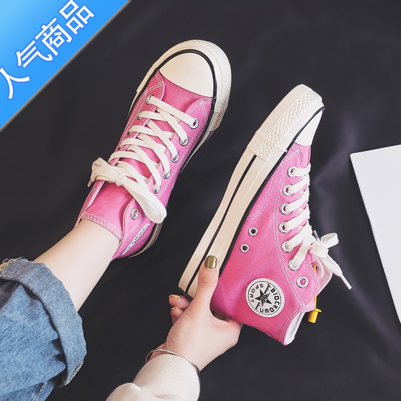 SUNTEK2023夏季新款玫红色高帮少女粉色帆布鞋女平底百搭经典ins休闲潮高清大图