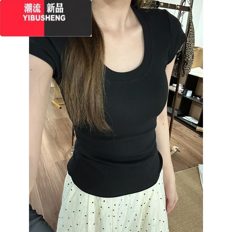YIBUSHENG灰色U领正肩短袖T恤女季简约百搭美式辣妹修身显瘦收腰上衣高清大图