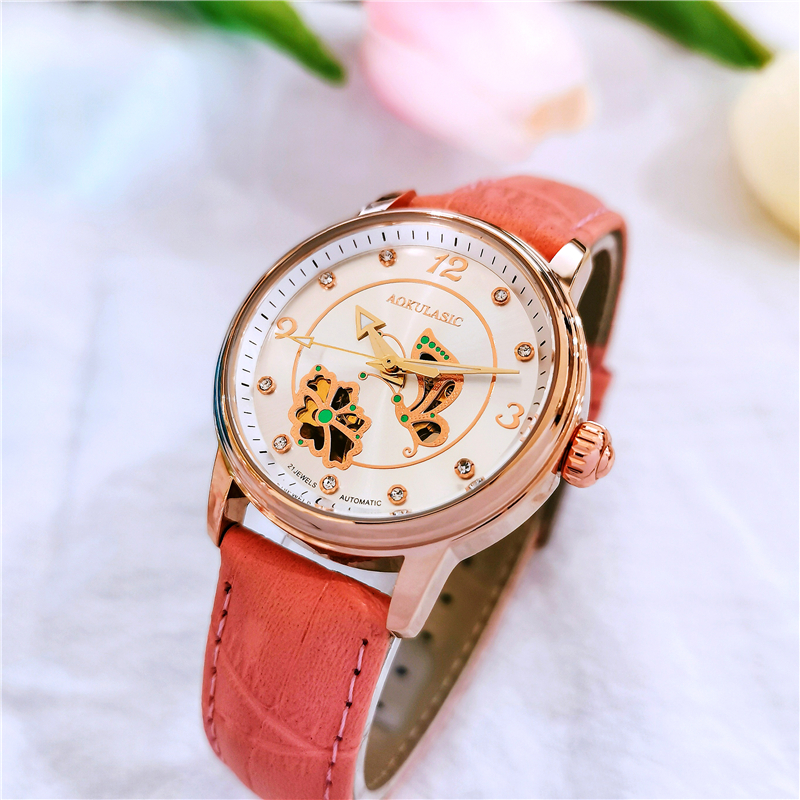 奥古拉斯新款全自动机械表女士手表时尚潮流真皮防水夜光学生女表 樱桃粉