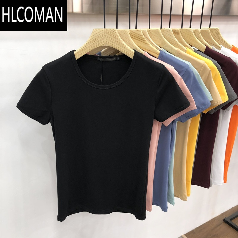 HLCOMAN夏季纯黑色短袖t恤男修身圆领体桖弹力贴身紧身健身半袖打底衫潮