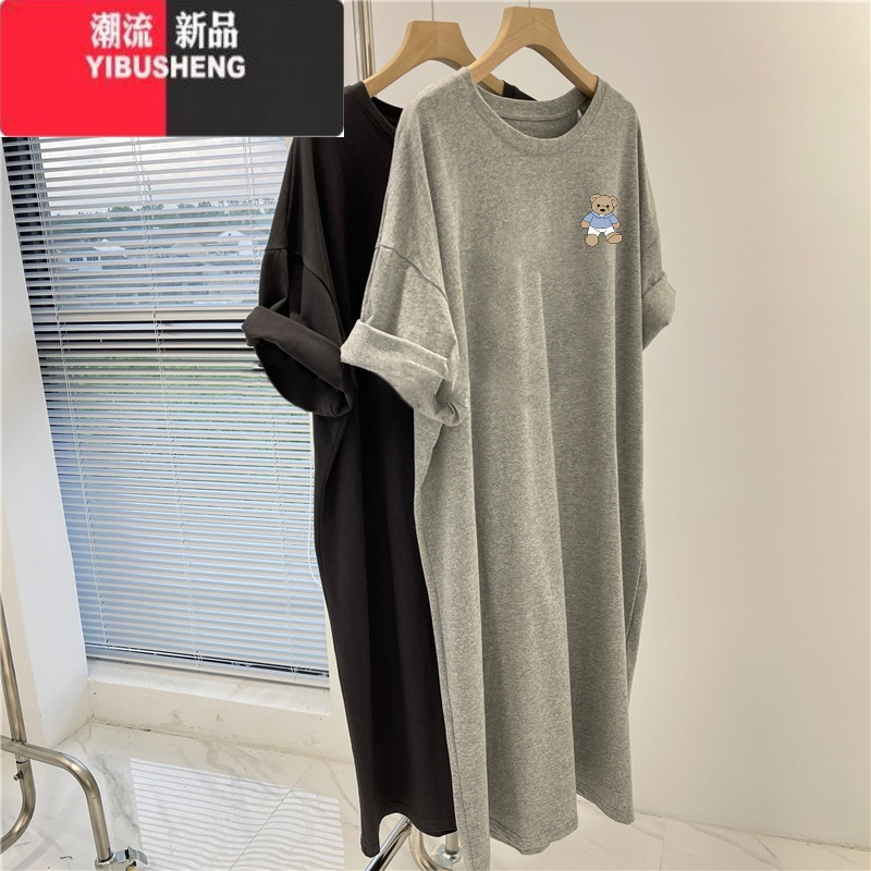 YIBUSHENG短袖t恤裙子女装季衣服胖mm大码遮肚子长裙休闲过膝连衣裙
