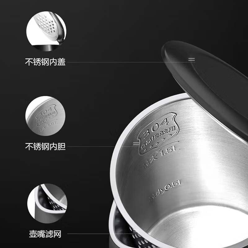美的(Midea)电水壶电热水壶304/316L食品级不锈钢烧水壶家用开水壶 1.5L MK-15MS03 台高清大图