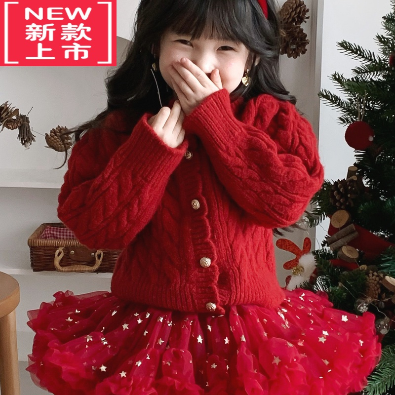 可莉允萌c童品女童冬季毛衣圣诞新年氛围感针织衫儿童冬装红色上衣洋气