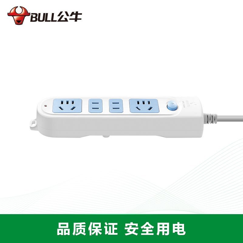 公牛(bull)GN-607全长1.8米四位插孔带保护门总控开关插座/接线板/排插/拖线板/插排 蓝白