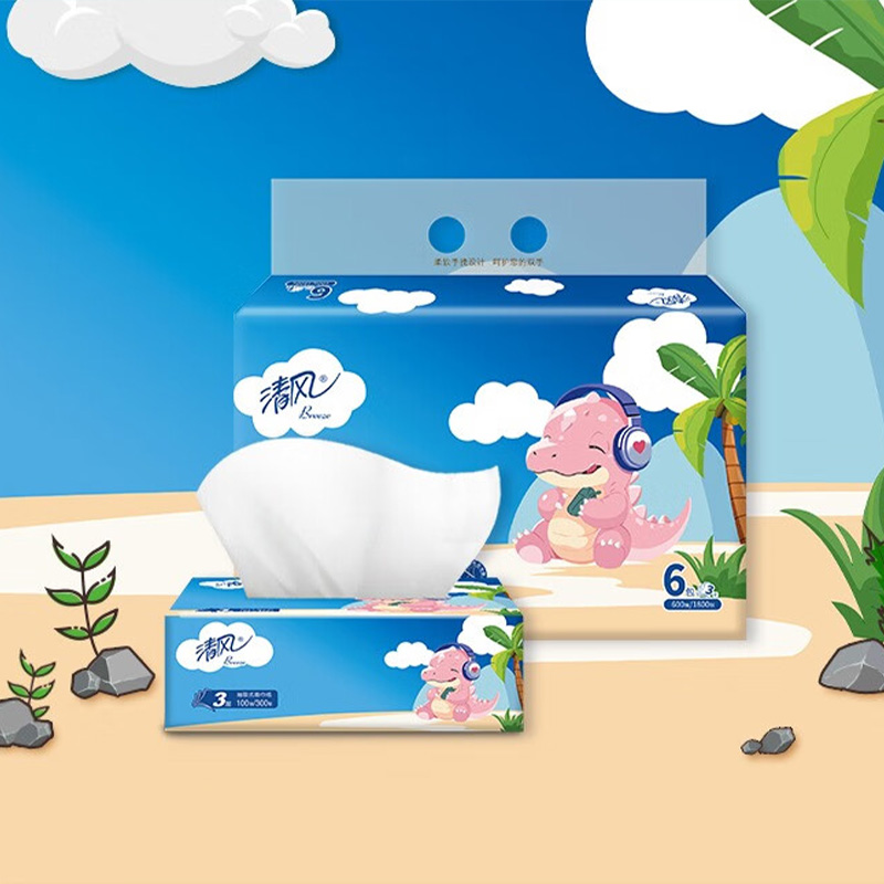 清风抽纸3层100抽6包4提卡通湿水不易破原生木浆BR40AB高清大图