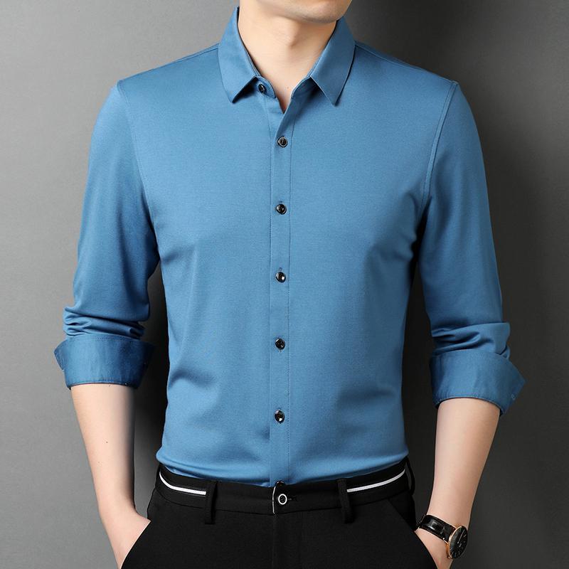 恒源祥新款秋衣服品牌含桑蚕丝纯色长袖衬衫男中青年男装服饰免烫衬衣