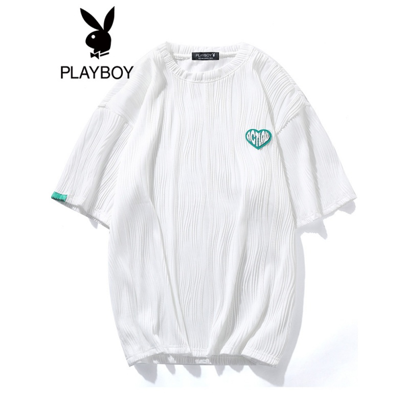 花花公子男装夏季潮牌爱心短袖T恤男韩版潮流宽松圆领五分半袖潮