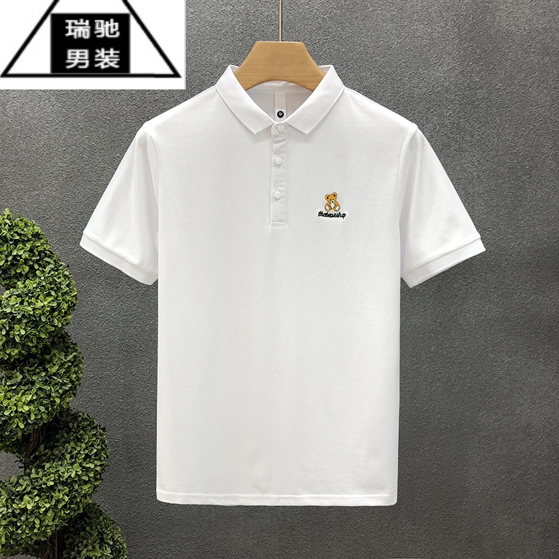 希杰狮王纯色小熊刺绣翻领polo衫男帅气2023夏季新款男士有领t恤