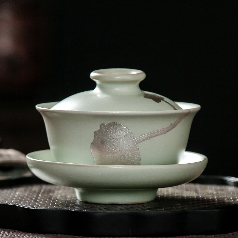 常生源 茶具 茶杯子盖碗仿宋汝窑开片泡茶三才碗茶杯 银荷汝窑盖碗
