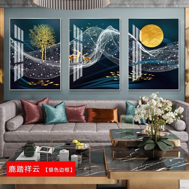 客厅装饰画沙发背景墙挂画北欧壁画三联组合轻奢麋鹿晶瓷餐厅墙画 鹿踏祥云（银色边框） 80*100cm三联套装（建_972