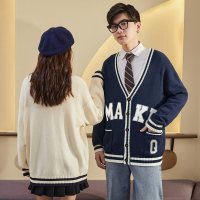 唐狮0春季新款情侣毛衣外套学院风针织开衫男女宽松外穿V领潮 L 男款藏青