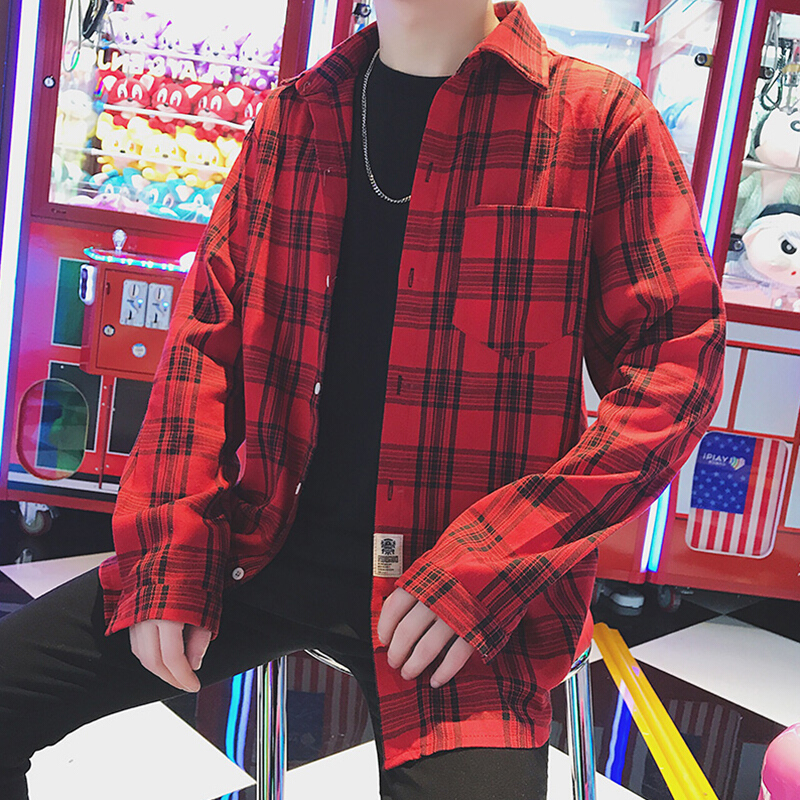ins格子衬衫男士衬衣长袖韩版潮牌宽松帅气夏季休闲外套学生衣服