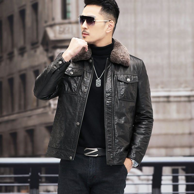 海宁真皮皮衣男士羽绒服头层牛皮油蜡皮短款翻领机车外套加绒脱卸