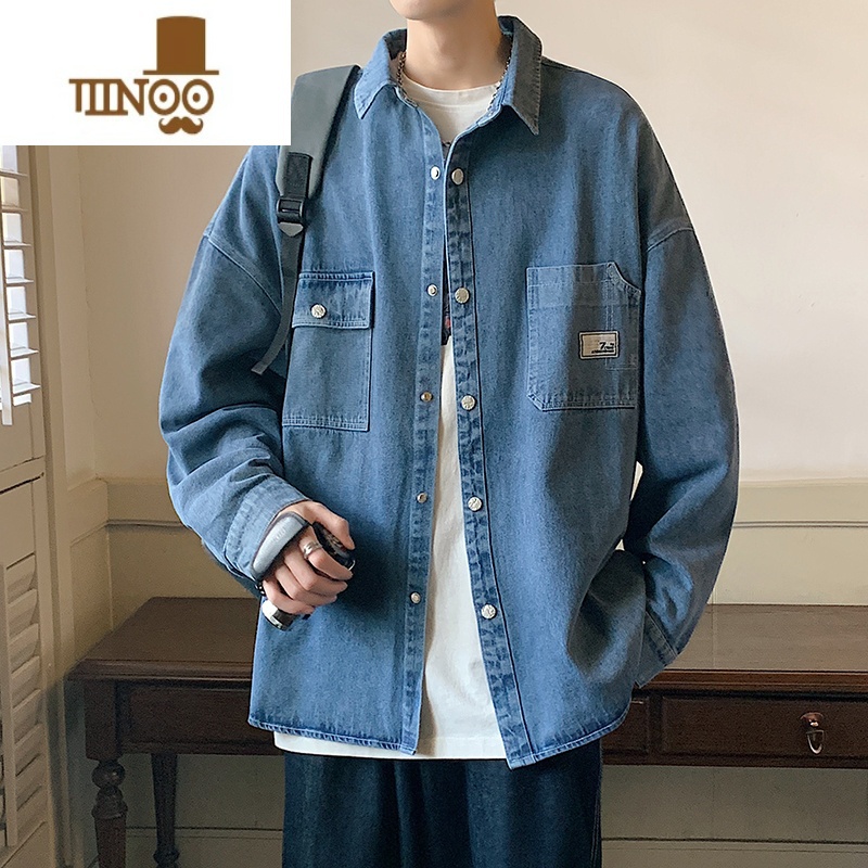 YANXU牛仔外套男宽松工装夹克美式潮牌复古痞帅翻领水洗衬工高清大图