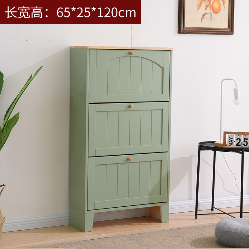 实木翻斗鞋柜超薄17cm简约现代美式玄关进口厅大容量鞋柜家用 A款65*25*120月绿色+原木顶鞋柜整装