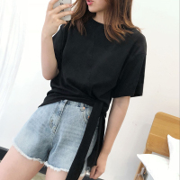 下摆打结T恤女短袖2021年新款夏季宽松白色小心机不规则上衣ins潮 黑色 S