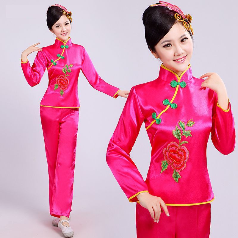 新款大妈秧歌服腰鼓舞扇子舞蹈服装演出服装女成人中老年广场舞服红色