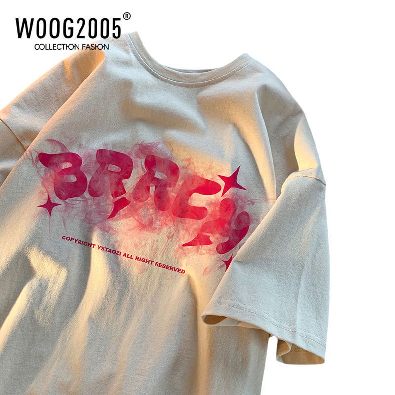 WOOG2005国潮小众复古短袖t恤男夏季潮牌宽松重磅体恤情侣装夏装