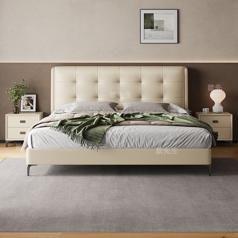 【苏宁直营】华夫格高脚床主次卧床全实心实木头层牛皮双人床1.5米1.8米8808高清大图