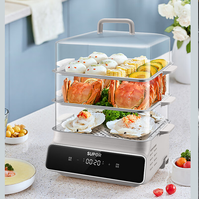 苏泊尔(SUPOR)电蒸锅15.7L大容量家用多功能电蒸笼三层分体式可拆洗智能预约定时蒸锅带蒸盘蒸包子锅ZN26FC32