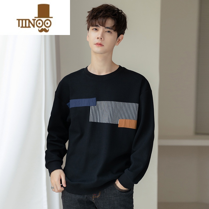 YANXU个性拼接圆领卫衣男2023新款简约休闲百搭青年无帽套头上衣高清大图