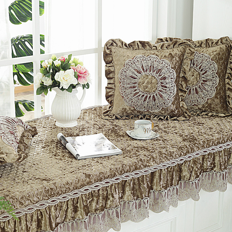 汐岩飘窗垫欧式窗台垫卧室落地飘窗垫四季通用阳台垫榻榻米垫飘窗装饰 咖色--虞美人(80宽+20裙摆)*160cm长