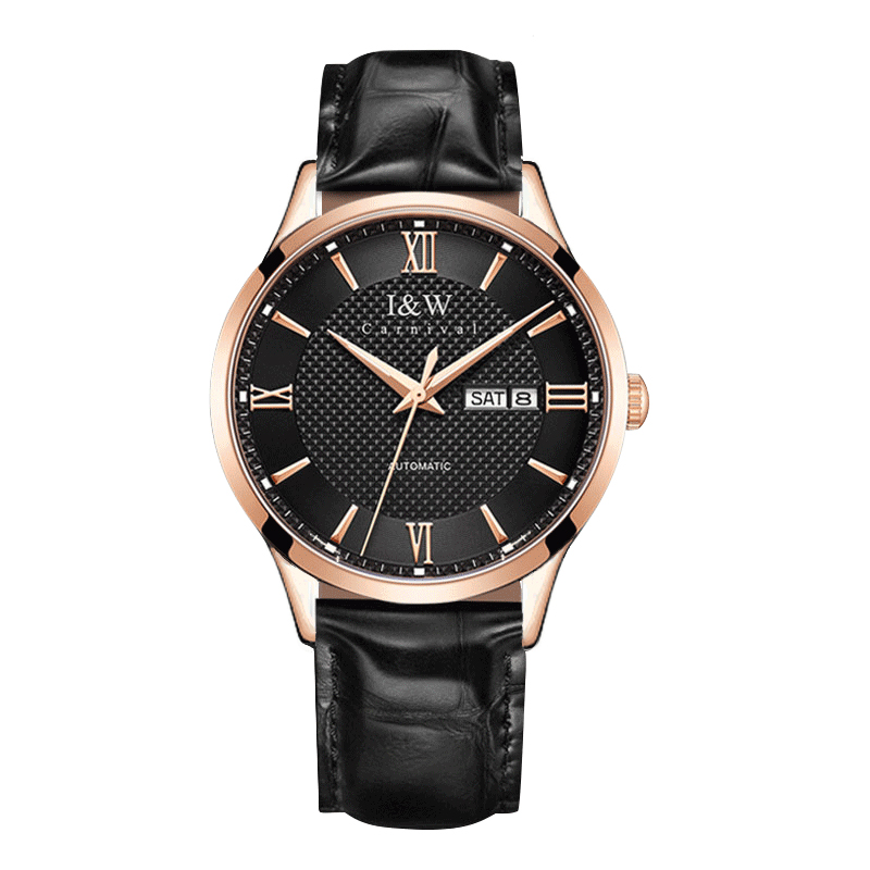 瑞士品牌爱沃驰I&W CARNIVAL全自动机械表男表进口机芯手表时尚防水简约夜光气质商务腕表520G 间金黑面皮带