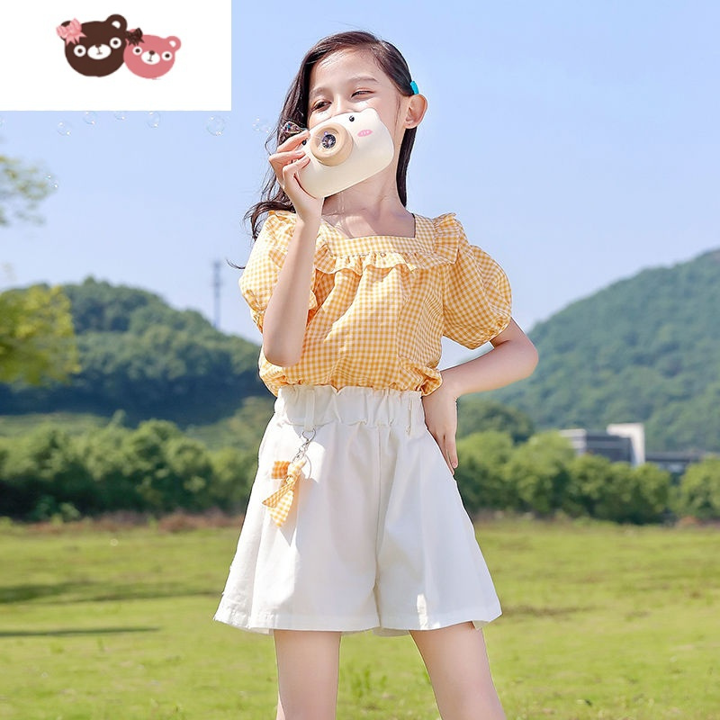 绿彩虹光女童套装洋气短袖女孩2022夏装新款网红中大童格子两件套学生宽松