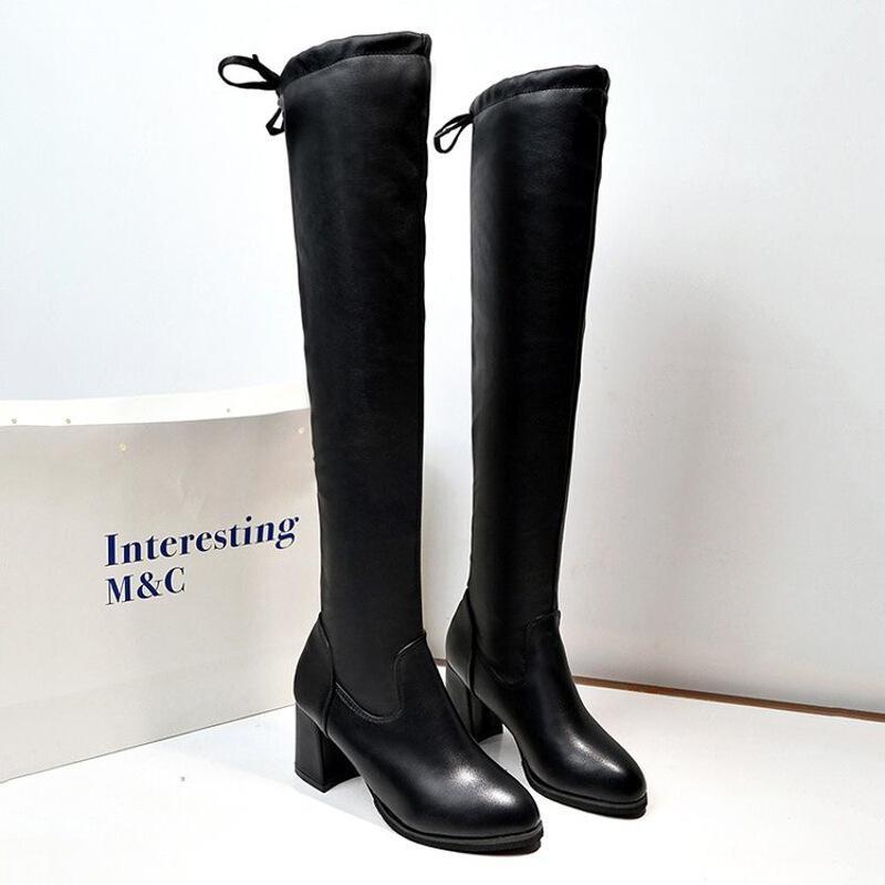 bomina过膝长靴女新款季百搭韩版显瘦皮靴粗跟马丁靴高跟女靴子黑色