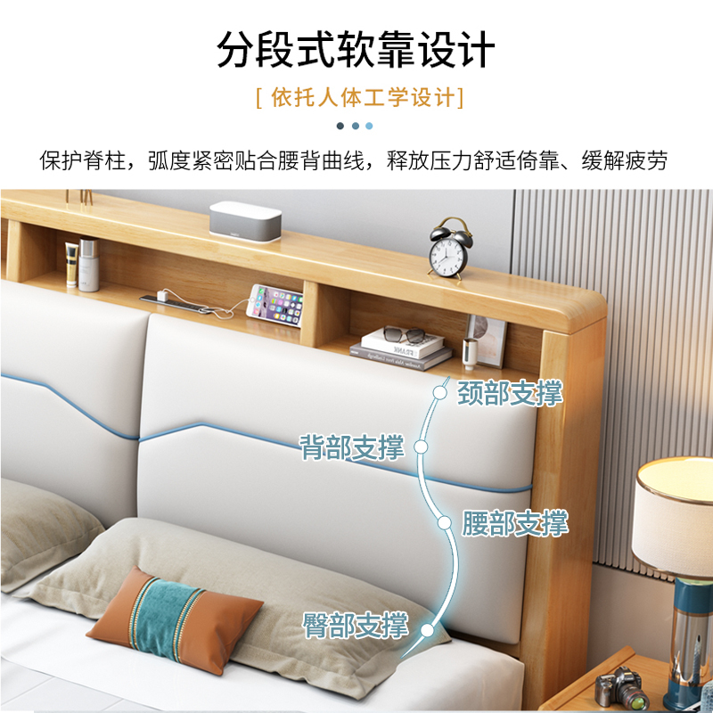 兰秀家居 北欧橡胶木双人床主卧床1.5米日式实木床1.8米小户型家用夜灯现代简约轻奢卧室组合婚床储物床套装卧室家具