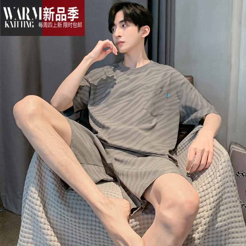 SHANCHAO男士睡衣莫代尔夏季薄款夏天短袖青少年家居服套装男款可外穿大码