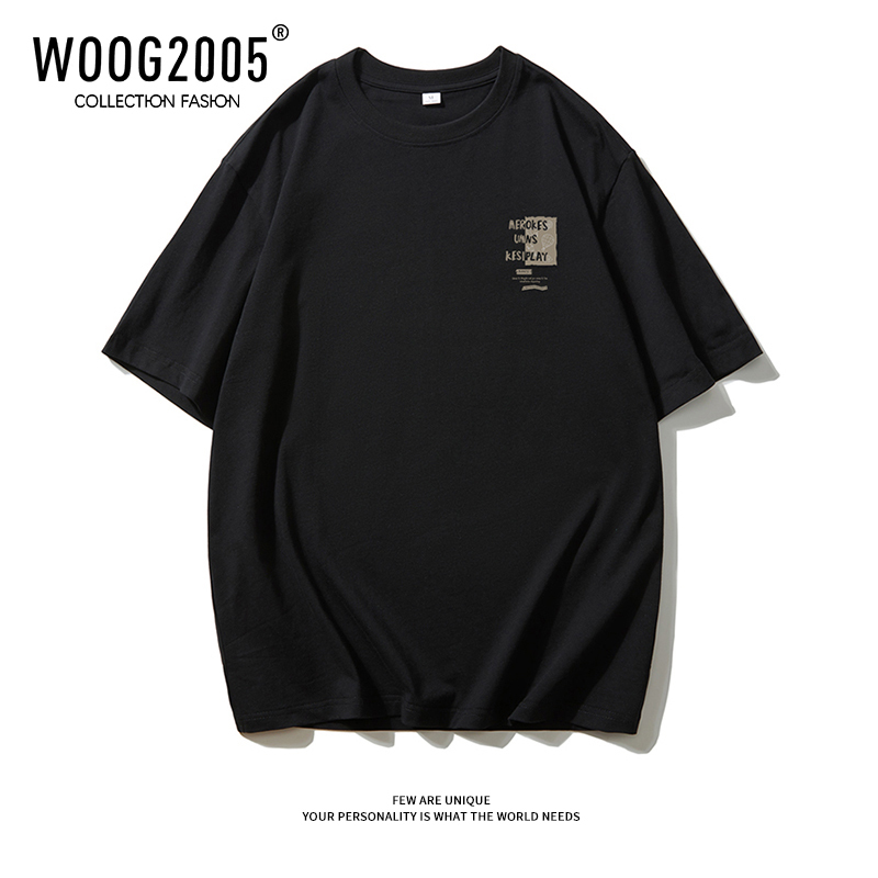 WOOG2005二本针T恤高克重磅短袖男精梳棉小领口情侣正肩七分袖夏
