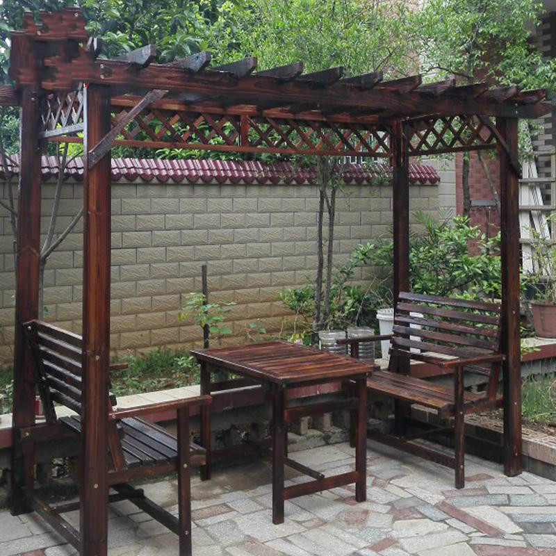 户外实木葡萄架庭院休闲桌椅组合防腐木屋凉亭木质阳台花园爬藤架 普通款有椅子（含120*90车轮桌）