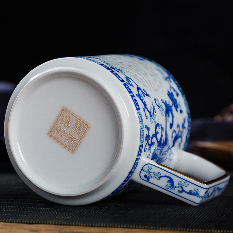 LICHEN 新中式陶瓷茶杯景德镇陶瓷器办公杯大容量500ml玲珑杯描金茶具 黄色 锦盒包装