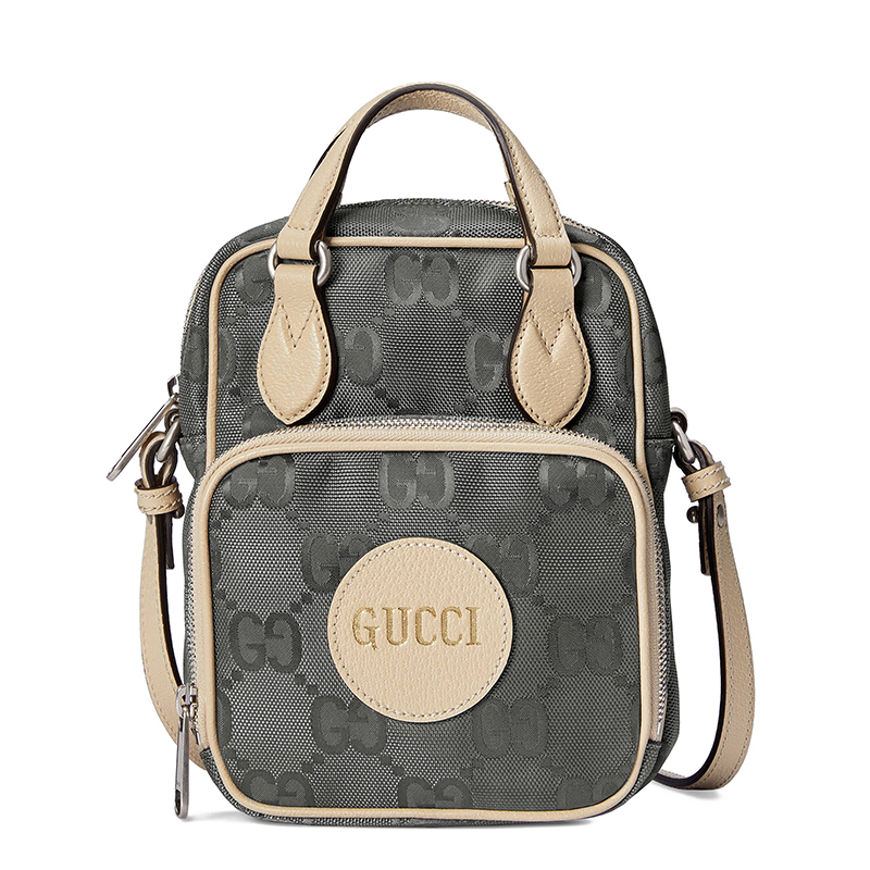 offthegrid系列男士gg印花尼龙米白色皮革饰边拉链开合男士斜挎包