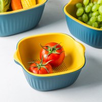 塑料沥水篮厨房洗菜筐淘米篮水果盆收纳篮洗菜盆 北欧双层沥水篮6件套