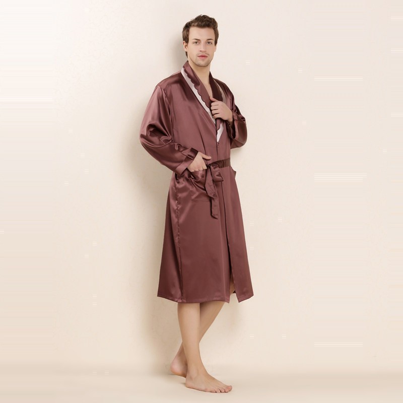 美帮汇100新桑蚕丝真丝睡袍家居服情侣款男女秋冬舒适睡衣 男深咖啡色M401103 180XXL否