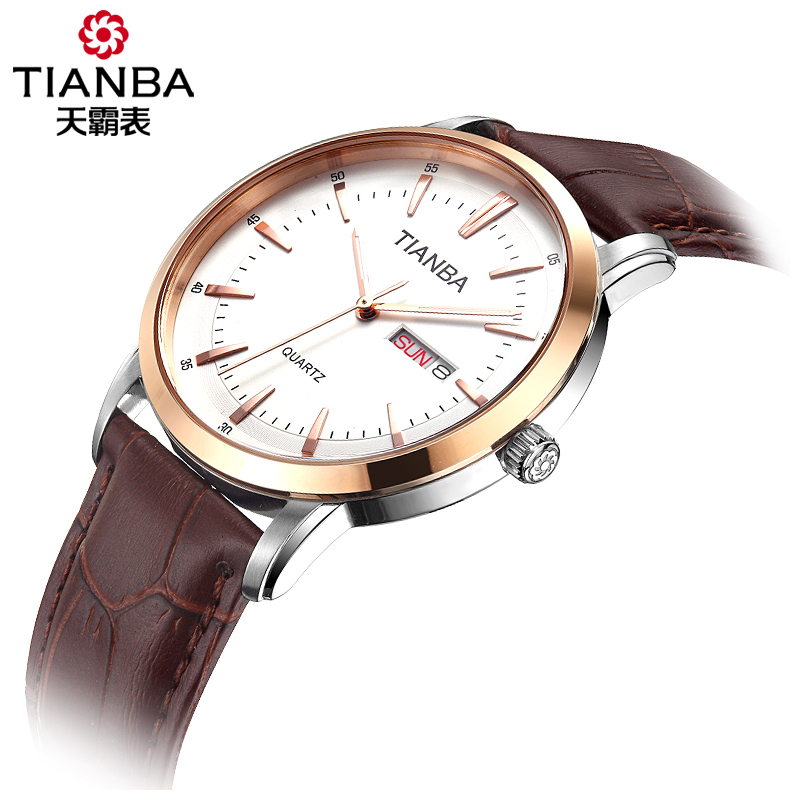 天霸(TIANBA)手表 商务休闲皮带款双历男士手表 时尚情侣手表 石英表 男TM7019.02PC 白色