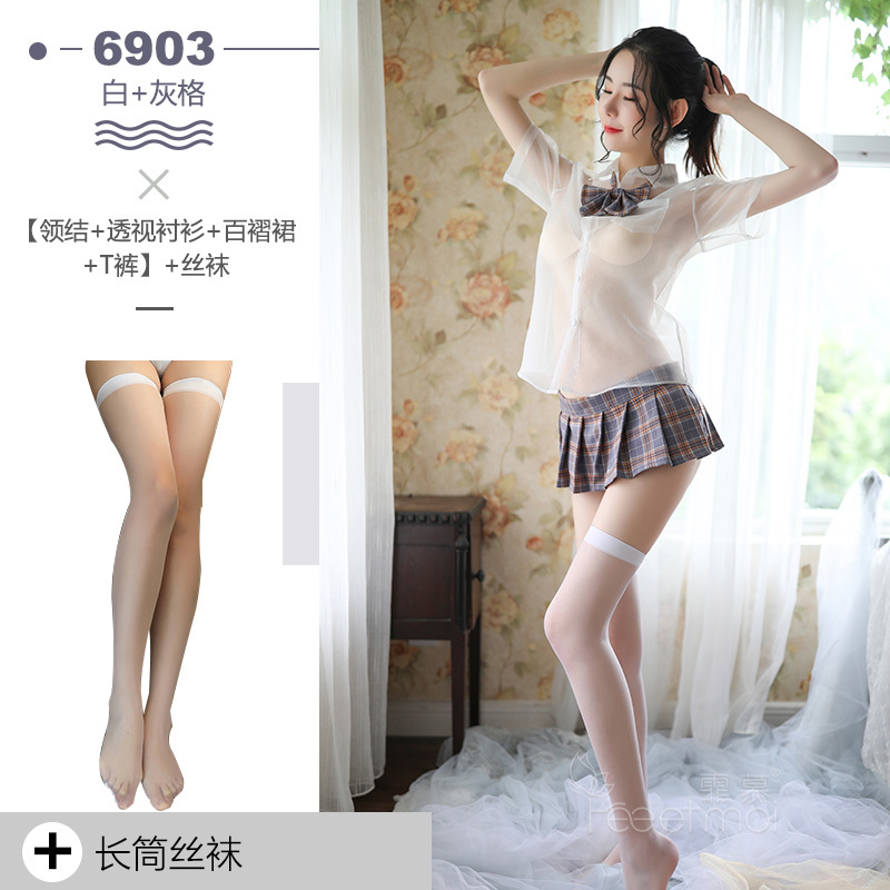 霏慕Fee et moi情趣内衣透明小胸清纯格子学生装用品套装睡裙女性感衣服家居服睡裙女式情趣睡衣6903 灰色格【领结+透视衬衫+百褶裙+T裤】+长筒袜6903 均码
