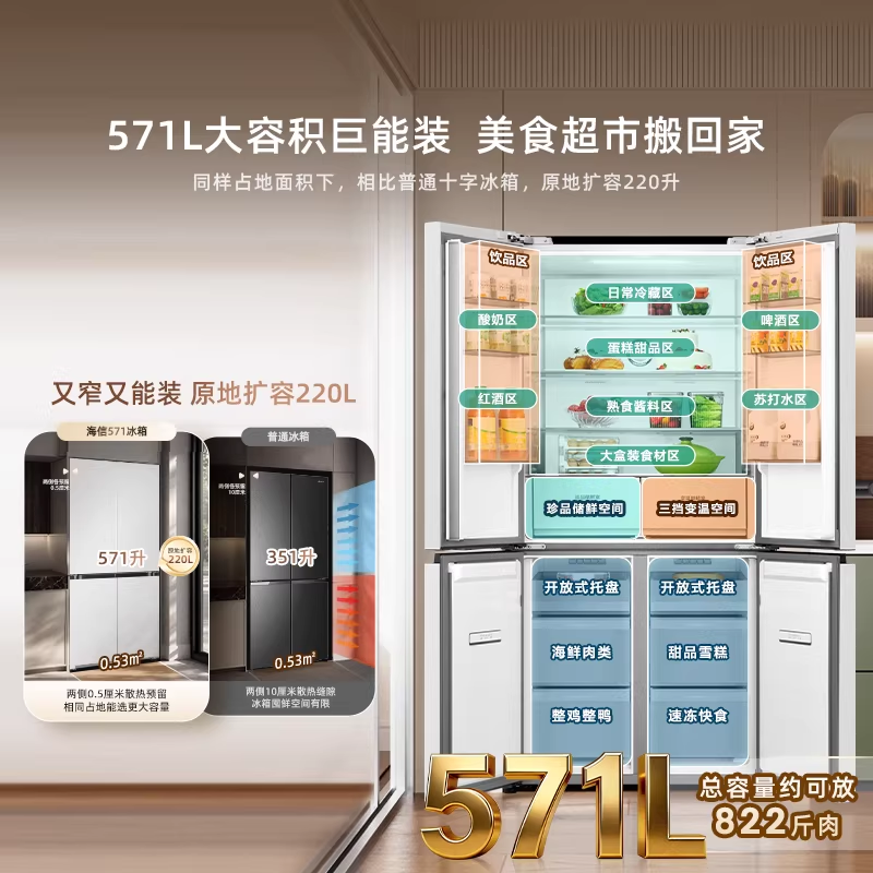 海信571L冰箱十字多门冰箱双系统零嵌大容量主动除菌净味超薄BCD-571E5SCQKD高清大图