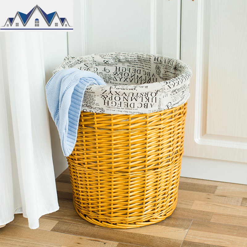 藤编柳编脏衣篮带盖圆形收纳筐洗衣篓火锅店衣物玩具收纳桶编织篮 三维工匠收纳篮 蜜糖色有盖小号直径30高度32