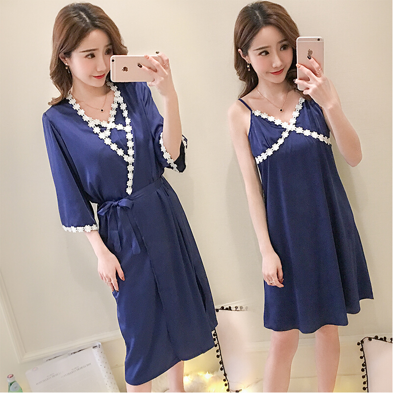 睡衣女夏绸韩版性感睡裙短袖两件套装家居服薄款可外穿带胸垫yy