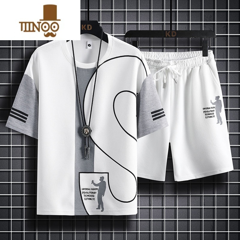 YANXU华夫格短裤男士夏季潮流薄款五分沙滩裤ins潮牌宽松休闲运动套装高清大图