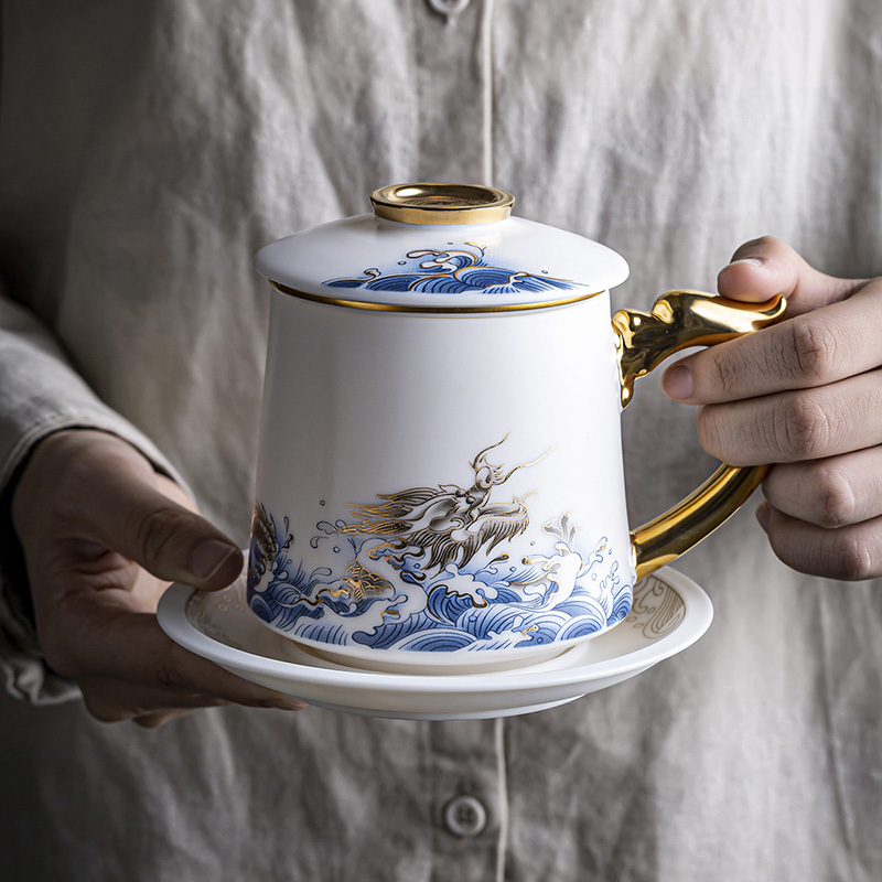 領藝 国潮风茶杯茶水分离带过滤带盖陶瓷办公水杯功夫泡茶杯羊脂玉德化白瓷素烧送礼 蛟龙出海办公杯素烧礼盒装
