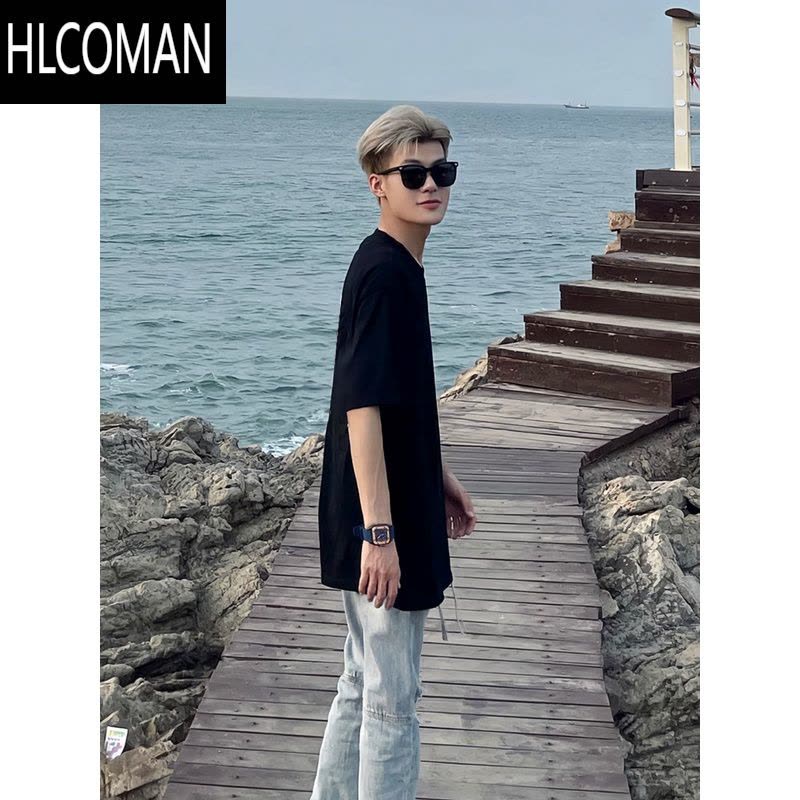 HLCOMAN夏季美式新款网红半袖t恤男ins潮牌黑色百搭短袖印花圆领宽松体恤图片
