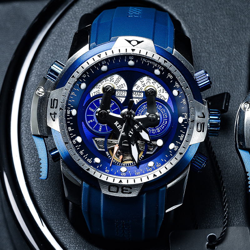 瑞夫泰格REEF RIGER时尚潮流手表多功能全自动机械表男士真皮大表盘防水军表进口机芯强夜光RGA3503 精钢蓝面胶带